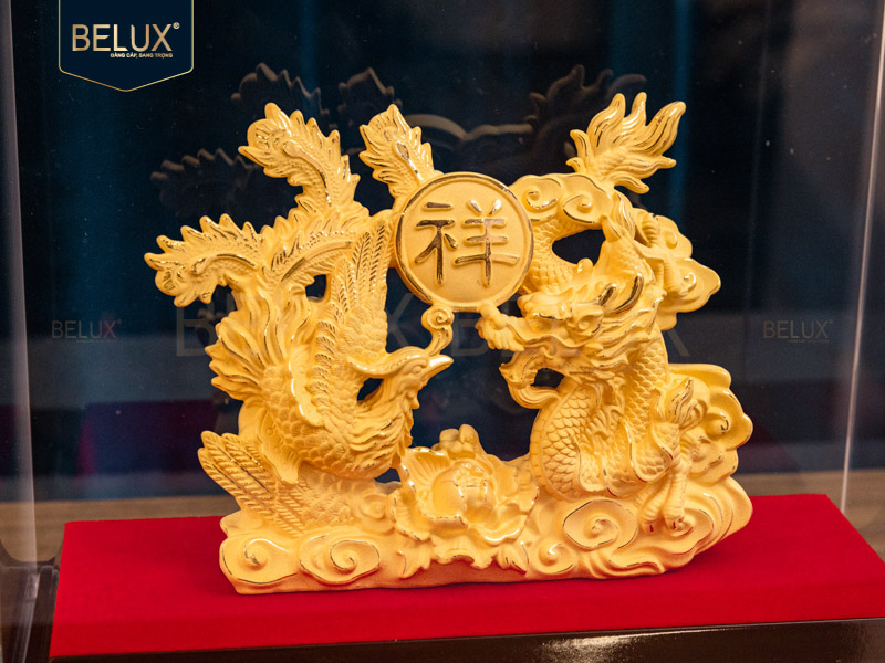 Tượng Long Phụng dát vàng cát&nbsp;16x4.5x13cm